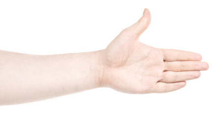 Male caucasian hands  isolated white background showing  various finger gestures. man hands showing different gestures