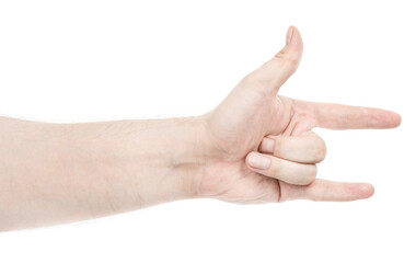 Male caucasian hands  isolated white background showing  various finger gestures. man hands showing different gestures