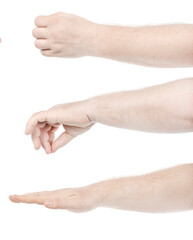 Multiple images set male caucasian hands isolated white background showing different gestures. Collage of hands of a man