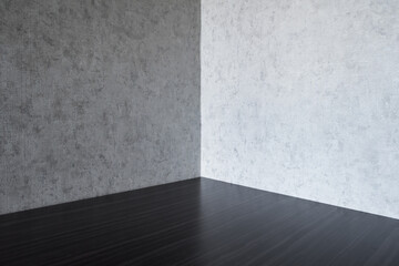 Perspective of empty black wooden table with white wall texture in background.