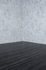 Perspective of empty black wooden table with white wall texture in background.
