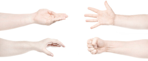 Multiple images set male caucasian hands isolated white background showing different gestures. Collage of hands of a man