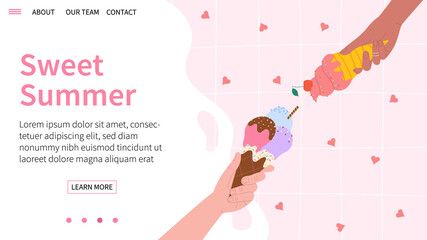 Cute summer landing page with ice cream in hands on pink background. Vector illustration.