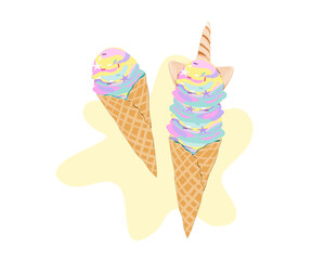 rainbow ice cream cone. Isolated colorful ice cream cone on white background. Food and snack vector illustration. Anime food.  