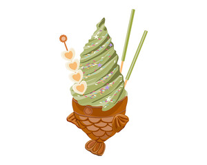 Isolated Taiyaki ice cream on white. Fish wafer with match green tea flavor decoration with muchmallow and wafer stick. Korean ice cream. Anime food illustration. Authentic pastel ice cream and snack.