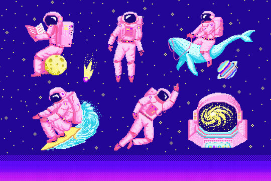 Pixel art astronaut. Spaceman 8 bit objects. Space art, digital icons. cosmonaut on a whale, moon and wave. Retro assets. Vintage game style. Set of characters. Vector illustration.