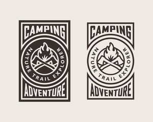 Set of color illustrations of crossed axes, fire and text on the background. Vector illustration in vintage style for poster, emblem, print, label and sticker. Camping. Wildlife travel.