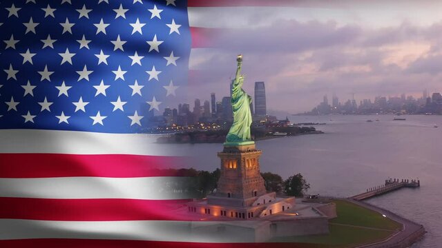 Statue of liberty and the city of NYC, split with USA flag - 3d render animation