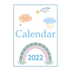 Calendar for 2022 title page, color vector illustration in boho style pastel colors