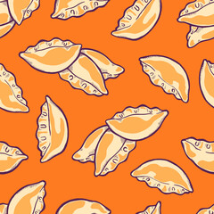 Gyoza. Fried asian dumplings. . Traditional japanese and chinese fast food. Bento lunch. Vintage retro style. Seamless background with pattern. 
