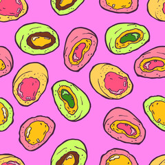 Mochi. Moti. Sweet soft dessert. Ball of rice flour stuffed with bean paste. Traditional Asian Japanese bento dish. Vintage retro style.  Seamless background with pattern.