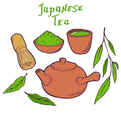 Set of items for traditional japanese tea ceremony. Teapot, green tea leaves, matcha powder, whisk, cup. Asian cuisine. Isolated clipart set.