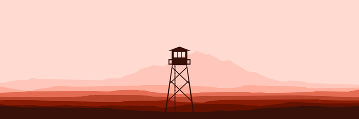 silhouette of watch tower at mountain vector flat design for wallpaper, banner, background, design template and backdrop design