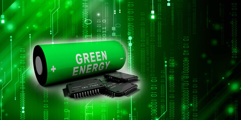3d rendering Electrical energy and power supply source concept, accumulator battery with computer chip
   
    