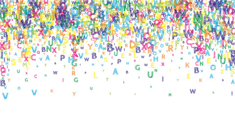 Falling letters of English language. Bright handdrawn flying words of Latin alphabet. Foreign languages study concept. Unique back to school banner on white background.