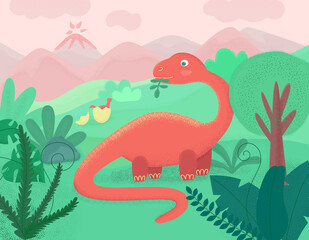 cartoon dinosaur on landscape background