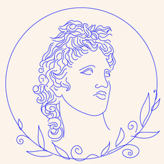 Apollo. Vector line drawing illustrations of greek god Apollon. Sculpture, head. Creative art. Print design