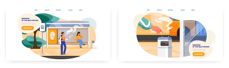 Girl smoking at bus station. Landing page design, website banner vector templates. No smoking at public transport stop