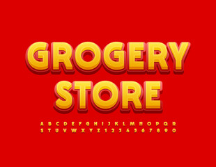 Vector business logo Grocery Store. Bright Red and Yellow Font. Modern Alphabet Letters and Numbers set