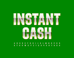 Vector premium sign Instant Cash. Elegant White and Gold Font. Shiny Alphabet Letters and Numbers set