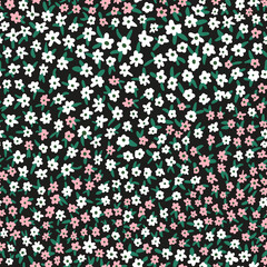 Ditsy, daisy abstract flowers with leaves seamless repeat pattern. Random placed, vector botanical elements all over surface print on black background.