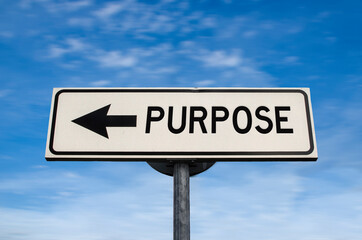Purpose road sign, arrow on blue sky background. One way blank road sign with copy space. Arrow on a pole pointing in one direction.