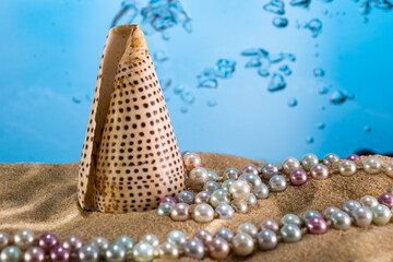 pearl beads seashells at the bottom of the sea on the sand under the rays of the sun