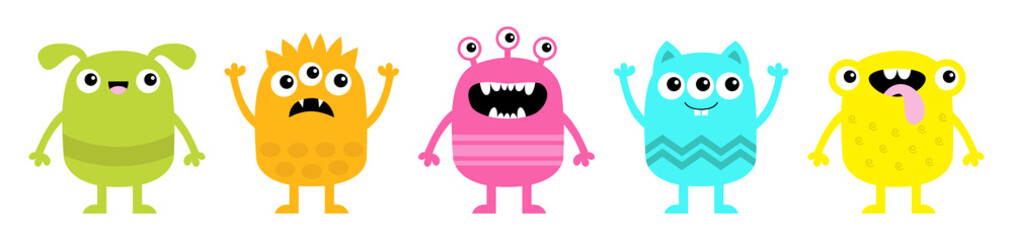Monster set icon line banner. Happy Halloween. Cute kawaii cartoon baby character. Funny head face colorful silhouette. Hands up, down. Eyes teeth fang horn tongue. Flat design. White background.