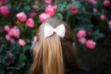 Naklejka premium portrait of a little cute girl on the background of bushes of pink roses. back view