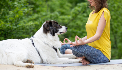 woman with her dog doing yoga outdoors