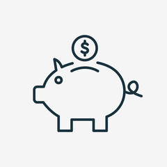 Piggy Bank Line Icon. Accumulation or Saving of money Linear Icon. Piggy Bank with Falling Dollar Coin Icon. Sign for Banking or Business Poster. Editable stroke. Vector illustration