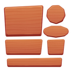 Wood button set in cartoon style with cracked details isolated on white background. Game assets, ui interface, menu. Collection of different shapes for application.