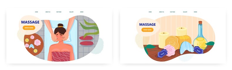 Massage landing page design, website banner vector template set. Woman face massage, facial skin care beauty treatment.