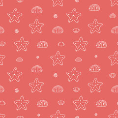 Seamless vector pattern with cute hand drawn sea shells, corals and stars. Summer time ocean background for package, wrapping paper, banner, print, card, gift, fabric, card, textile, wallpaper, web.