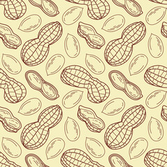 Seamless vector pattern with cute hand drawn peanuts. Healthy snack illustration. Line objects, isolated background. Food texture for wrapping paper, card, print, gift, fabric, wallpaper, textile, web