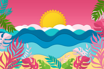   Summer poster. Sea and sand with palm trees. Paper cut background.