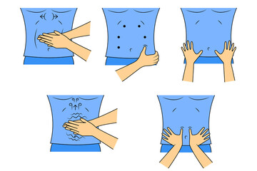 Massage. Yumeiho therapy set. Instructions for performing massage techniques, kneading the abdominal muscles. Simple vector illustration for physical therapy guidelines, websites and prints.