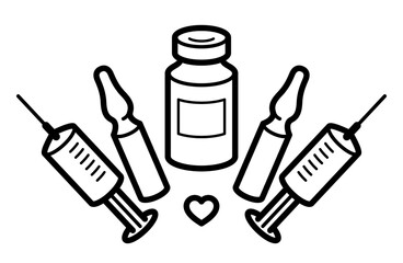 Vaccination theme vector illustration of a syringe with ampules and vial isolated over white, epidemic or pandemic coronavirus covid 19 or flu or SARS or any other vaccine, pharmacology concept.
