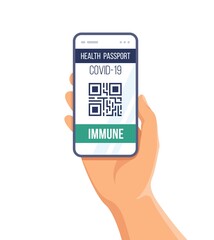 Vector illustration of hand holding smartphone with an immune Covid-19 result on the application. Health passport on digital screen with qr code for control and check of safety from covid-19.
