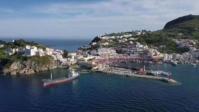 Ponza Island, Italy. Aerial view of the characteristic port.
Flying with the drone on the coast of the island of Ponza.