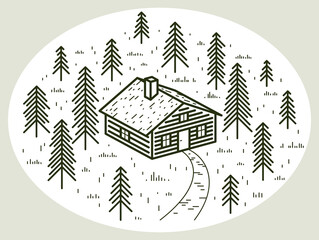 Cabin in woods pine forest linear vector nature illustration isolated on white, log cabin cottage for rest, holidays and vacations theme line art drawing, beauty in nature, woodhouse resort.