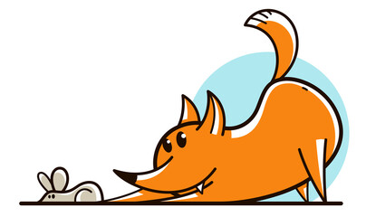 Funny cartoon fox hunting and catching mouse flat vector illustration isolated on white, wildlife animal humorous drawing.