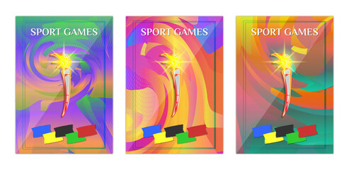 Set of abstract bright colored covers, flyers or brochures. Sport games. A burning torch with a bright yellow glow. Spotted banners with shadows and frames