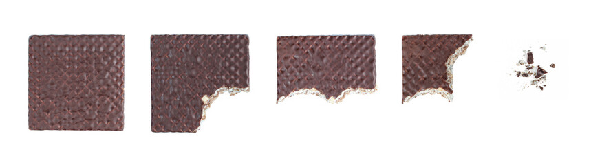 Wafer covered with chocolate eating process,bite by bite. Whole to crumbs. Isolated on white