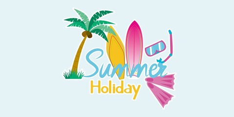 Summer concept decorative Calligraphy. Summer event design elements with Coconut tree, Surf board, Scuba diving and decorative texts. Summer design decoration sticker, Vector illustration.