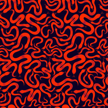 Snakes seamless textile, vector background with a lot of serpents endless texture, stylish fabric or wallpaper design, dangerous poisoned wild animals.