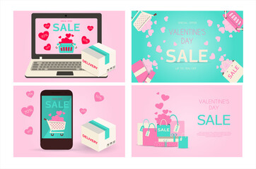 Flat vector illustration for sale, online store, delivery of goods for the holiday. Invitation flyer in pink, red, and blue. Images with a set of items for discounts and romantic items by February 14