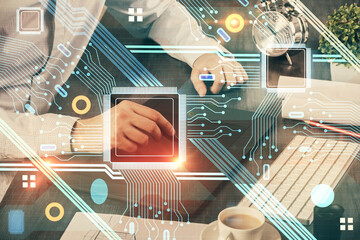 Multi exposure of man's hands holding and using a digital device and data theme drawing. Innovation concept.