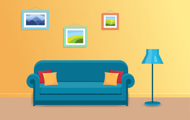 Concept of cozy home. Living room with sofa, lamp and paintings