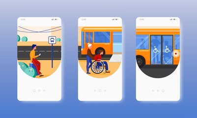 Bus station. City bus wheelchair access ramp. Mobile app screens, vector website banner template. UI, web site design.